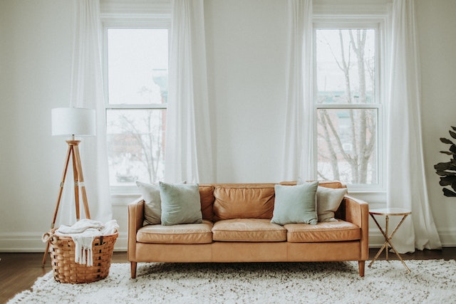 brown leather couch in living room