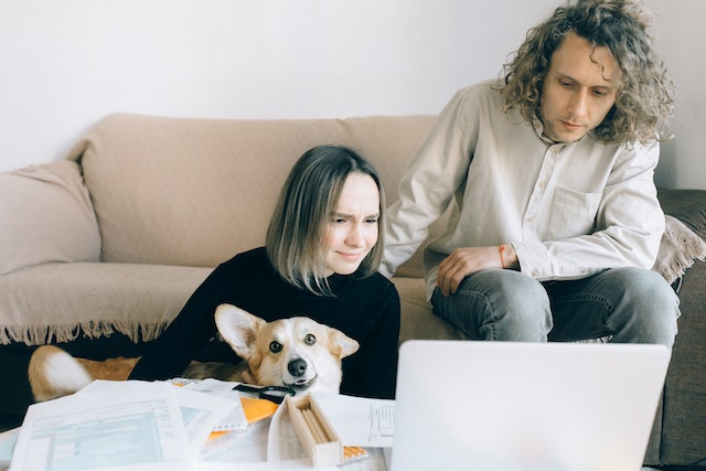 two people sitting on a couch looking at a laptop with a dog